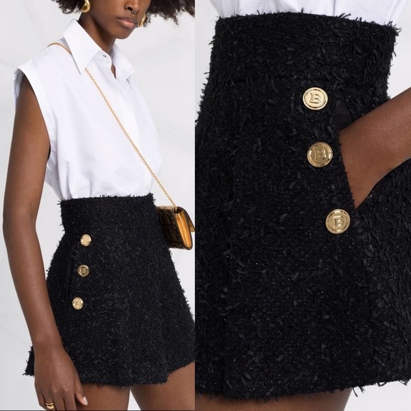 Balmain Pants - Balmain Button Detail High Waist Metallic Tweed Shorts in Black